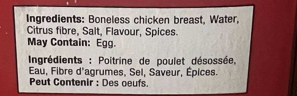 Image of the ingredients for the chicken burgers from the back of the box.