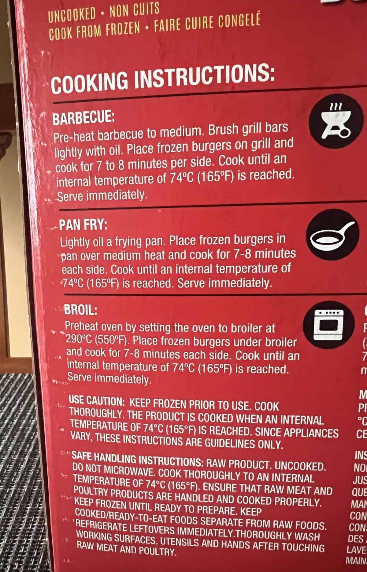 Image of the cooking instructions for the chicken burger from the back of the box.