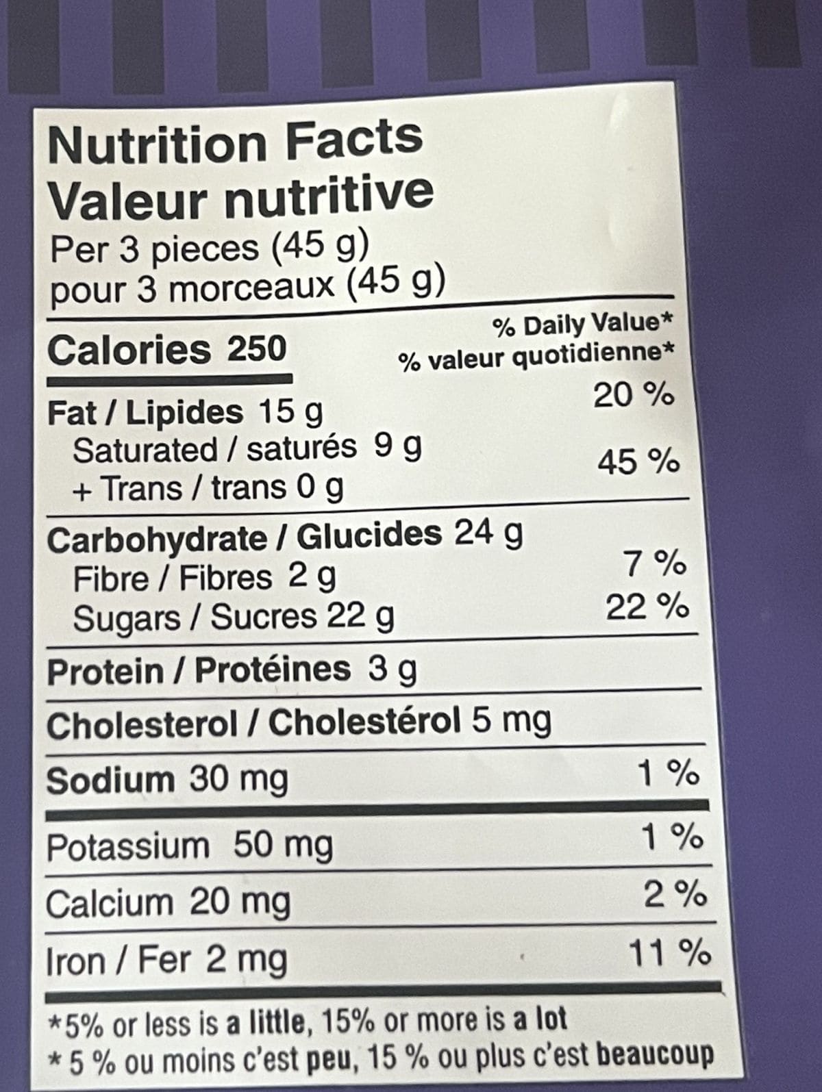 Image of the nutrition facts for the chocolates from the back of the bag. 