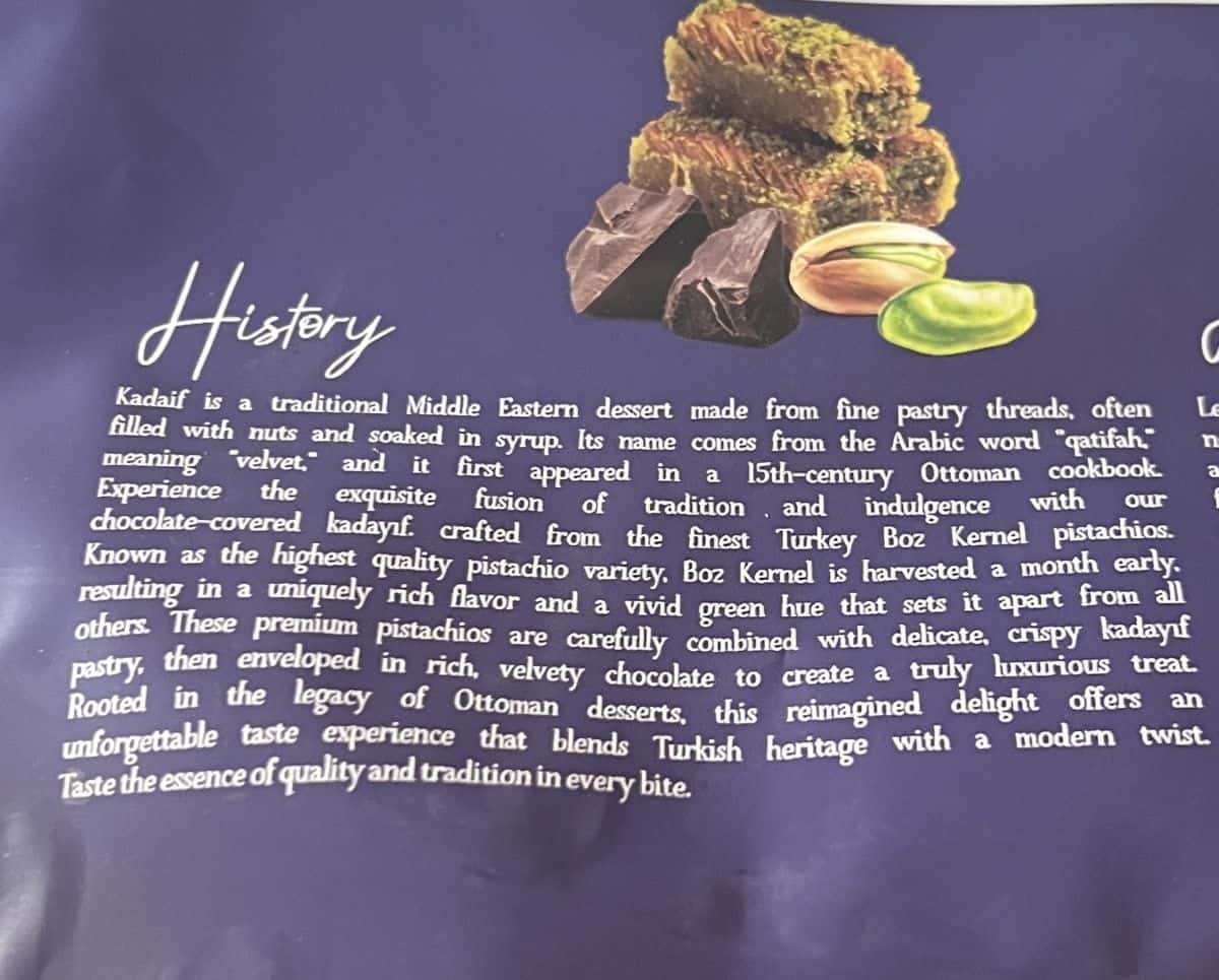 Image of the history of Dubai chocolate from the back of the bag. 