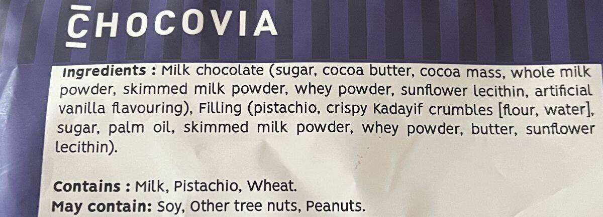 Image of the ingredients list for the chocolates from the back of the bag. 