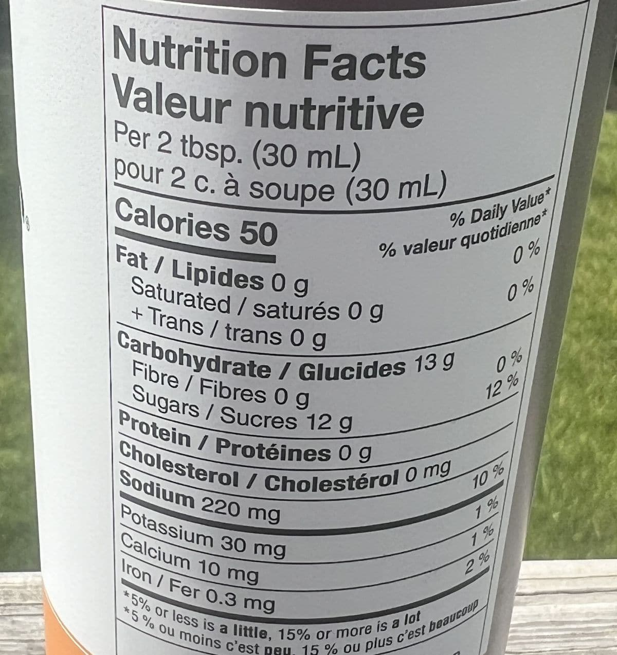 Image of the nutrition facts for the barbecue sauce from the back of the bottle.