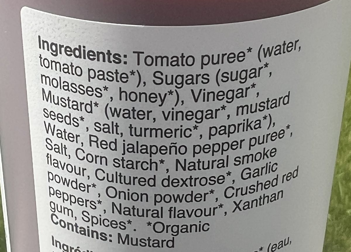 Image of the ingredients for the barbecue sauce from the back of the container. 