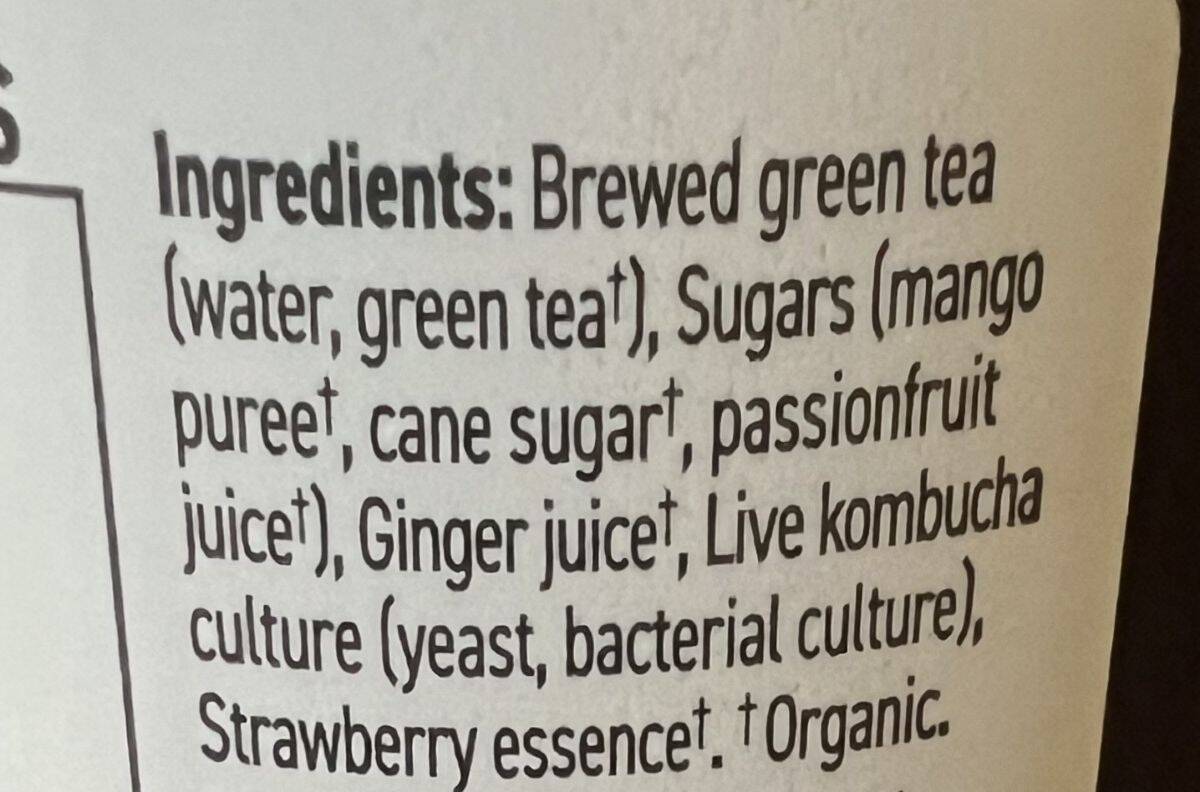 Image of the ingredients list for the Brew Dr Kombucha Island Mango flavor.
