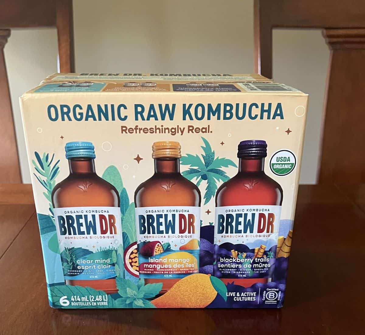 Image of the Costco Brew Dr Kombucha box sitting on a table unopened.