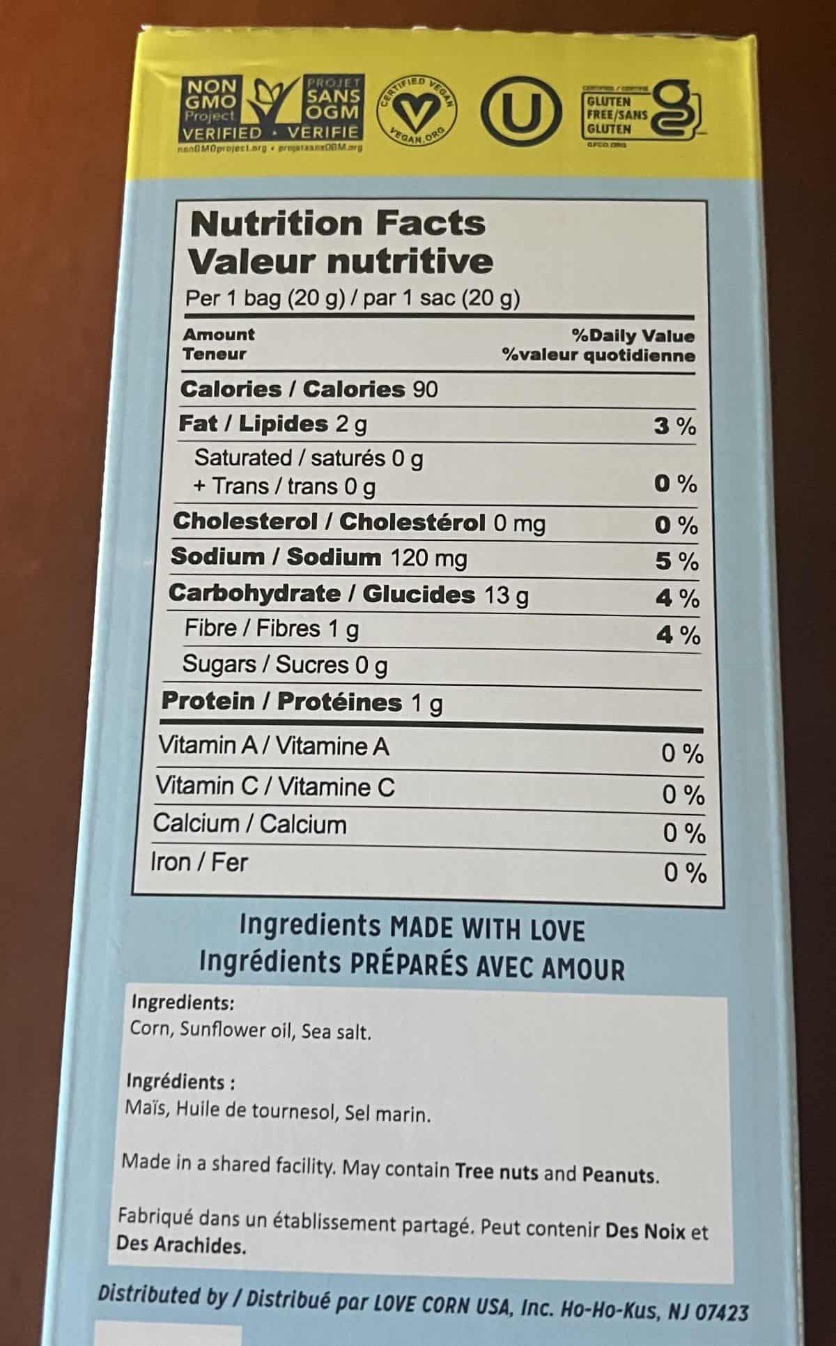 Image of the nutrition facts and ingredients for the Love Corn.