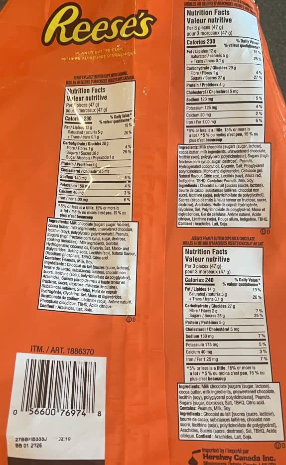 Image of the nutrition facts and ingredients for the peanut butter cups from the back of the bag. 