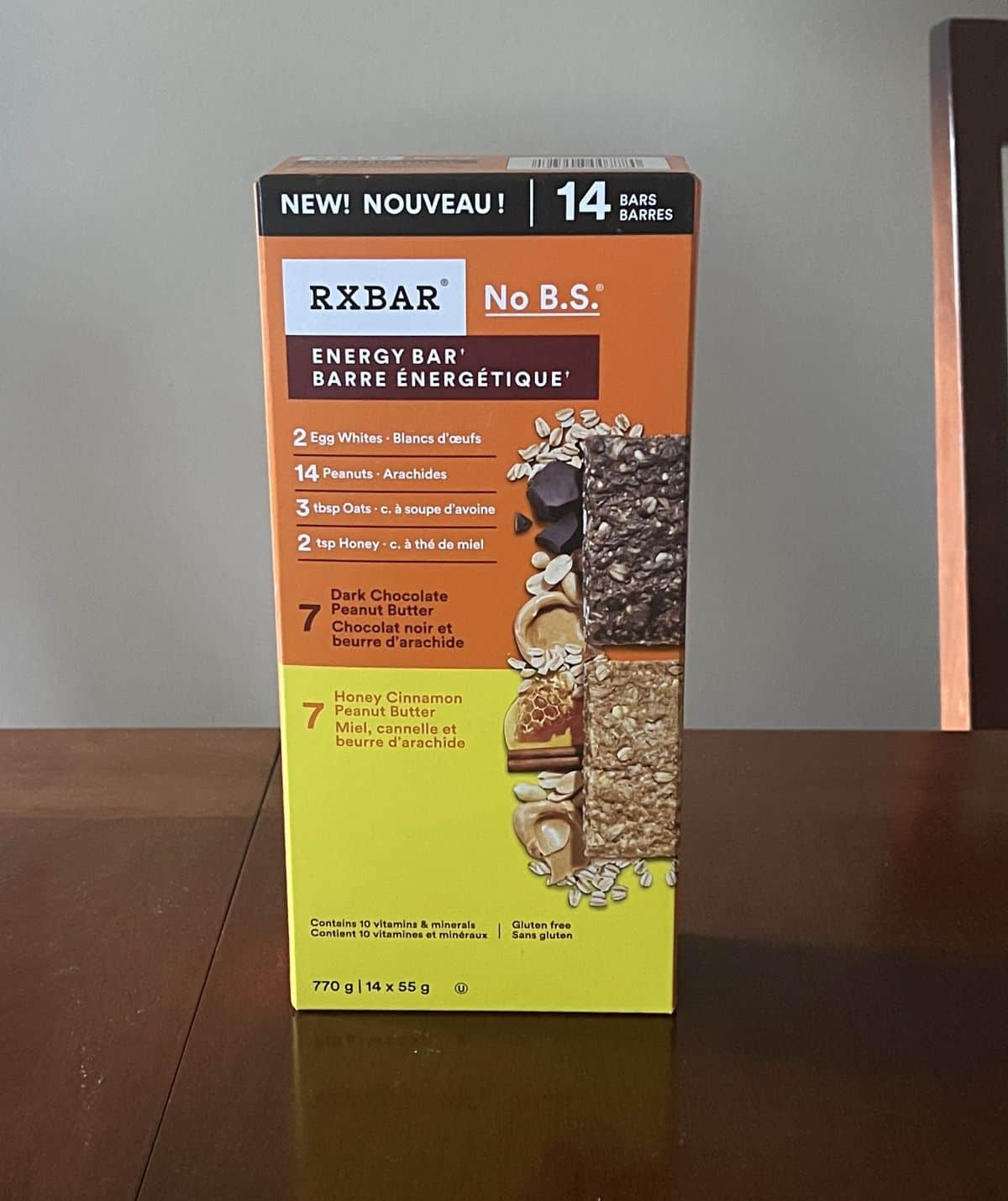 Image of the Costco RXBAR Energy Bar  box sitting on a table unopened.