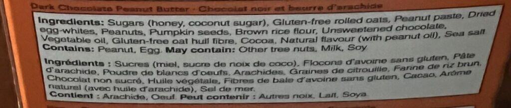 Image of the ingredients list for the dark chocolate peanut butter RX bar energy bars from the back of the box.