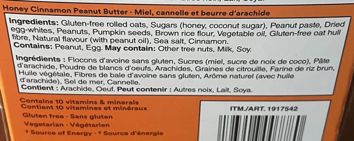 Image of the ingredients list for the honey cinnamon peanut butter RX bar energy bars from the back of the box.