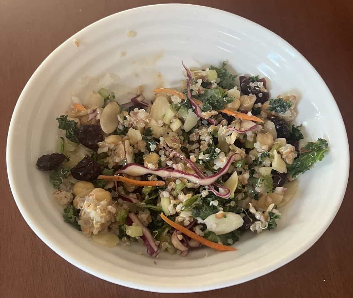 Top down image of a bowl of the celery grain salad. 