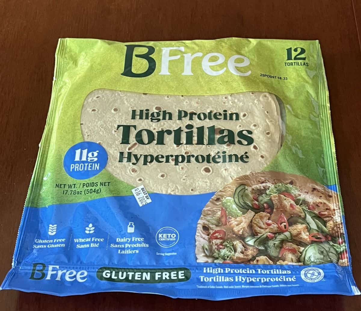 Image of the Costco BFree High Protein Tortillas sitting on a table unopened.