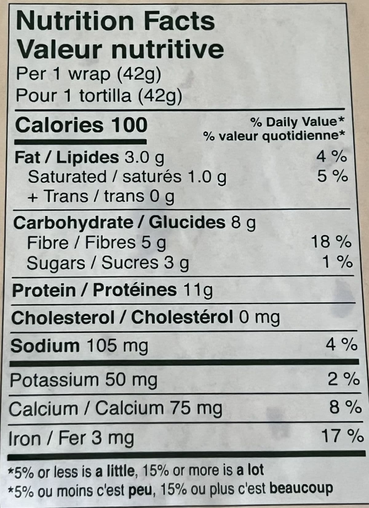 Image of the nutrition facts for the tortillas from the back of the bag.