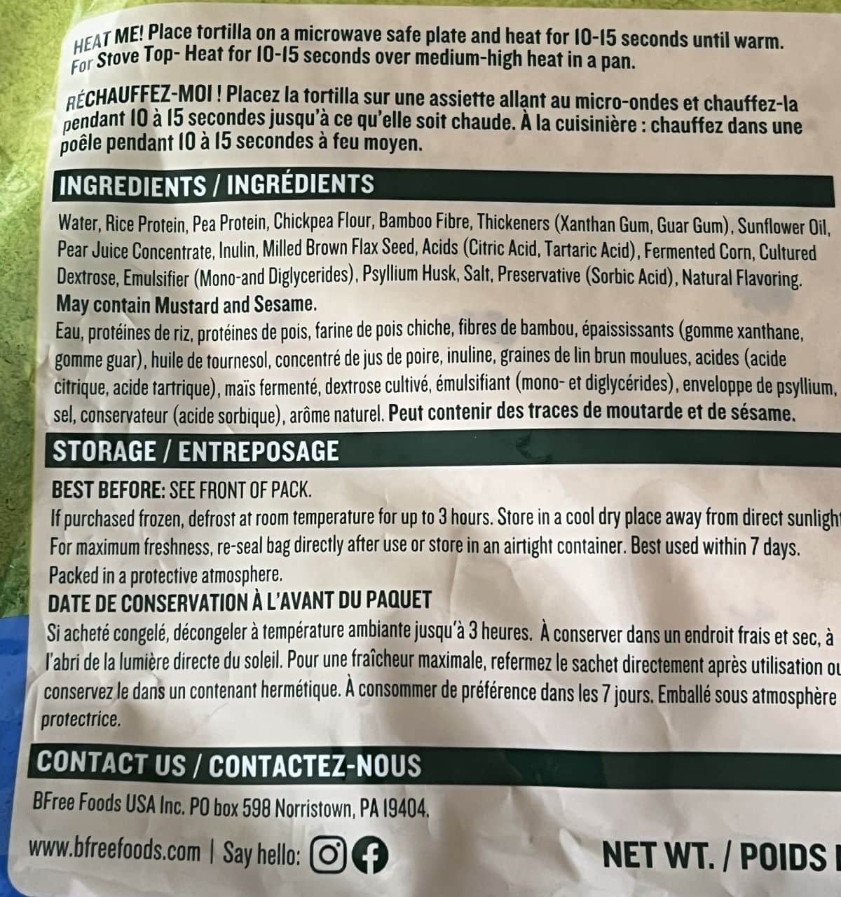 Image of the ingredients for the tortillas from the back of the bag.