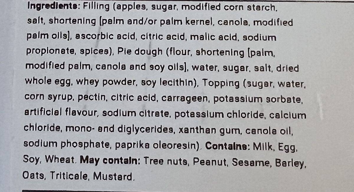 Image of the ingredients list for the apple pie from the label.
