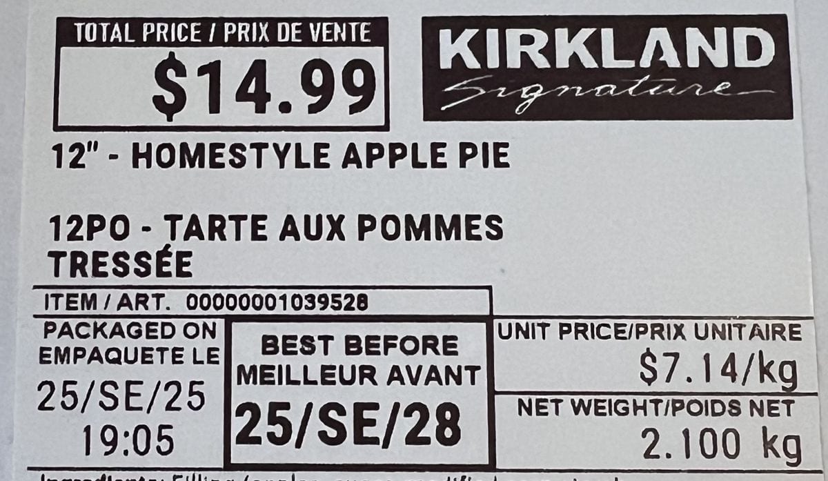 Closeup image of the front label of the apple pie showing the cost and expiry date. 