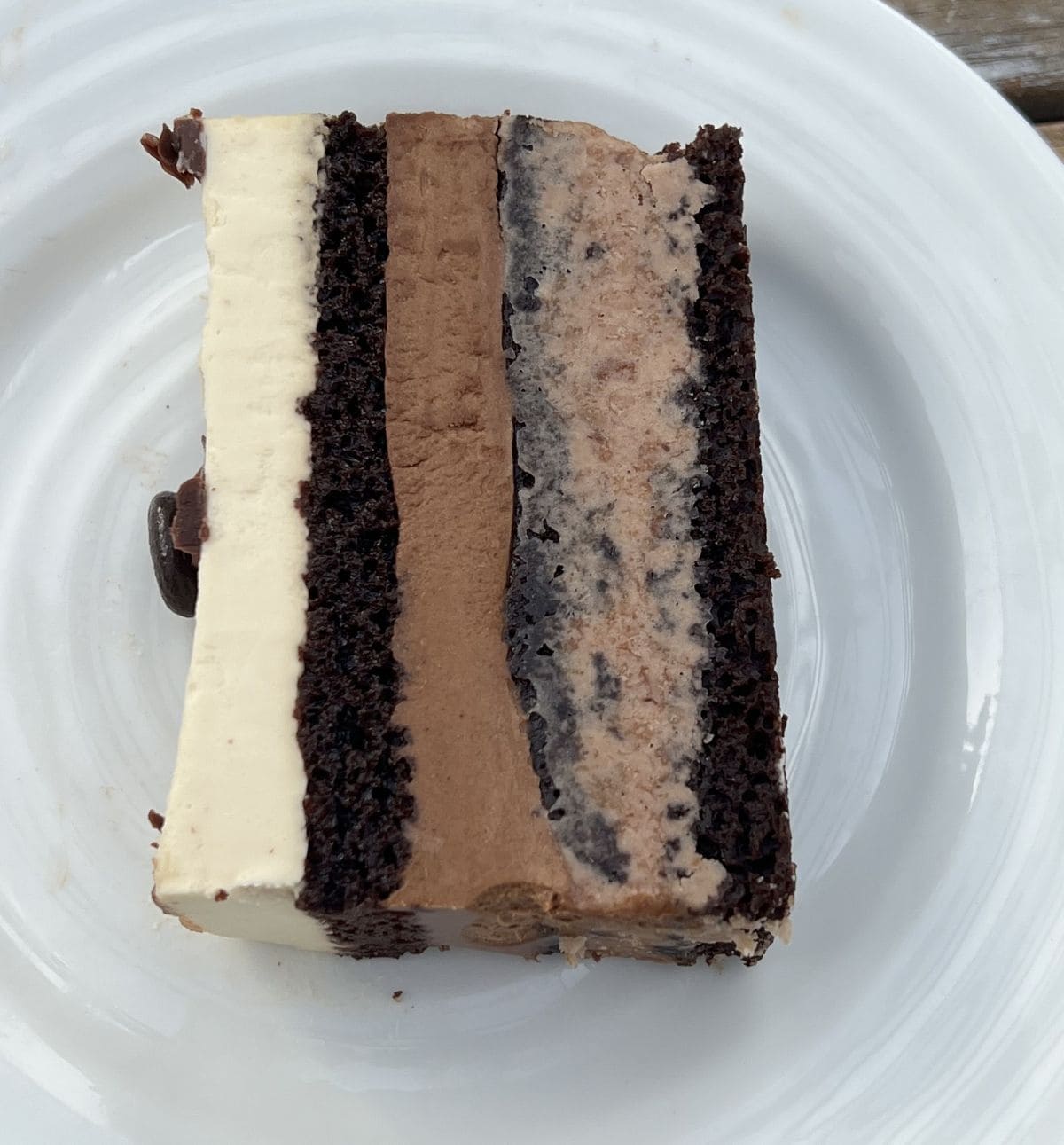 Image of one piece of cake served on its side on a white plate.