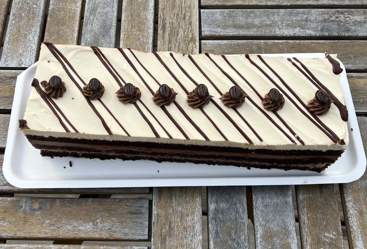Top down image of the Kirkland Signature Mocha Crunch Cake with the lid off.