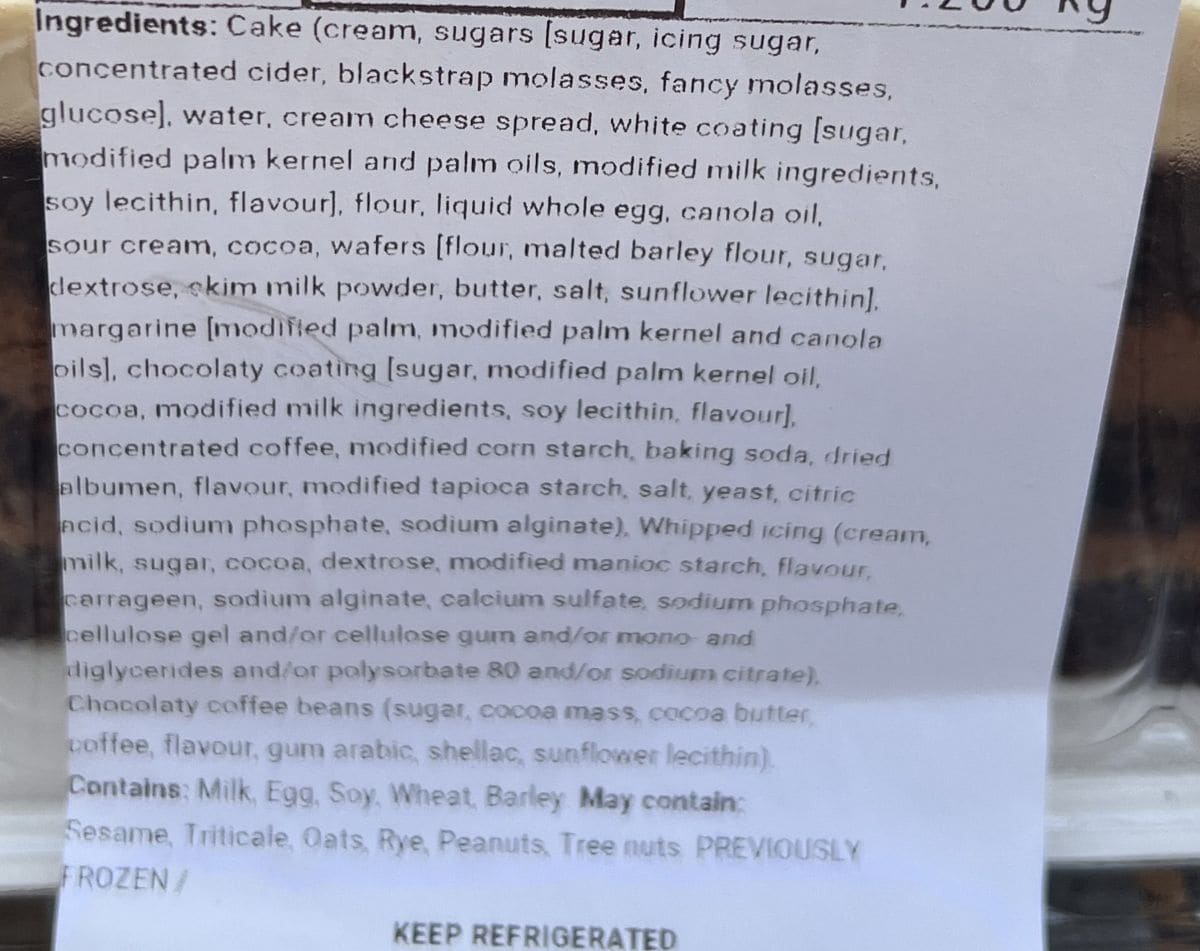 Image of the ingredients list for the mocha cake from the label.