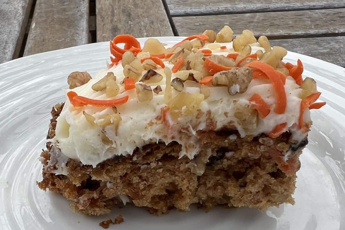 Side view image of one piece of carrot served on a white plate.