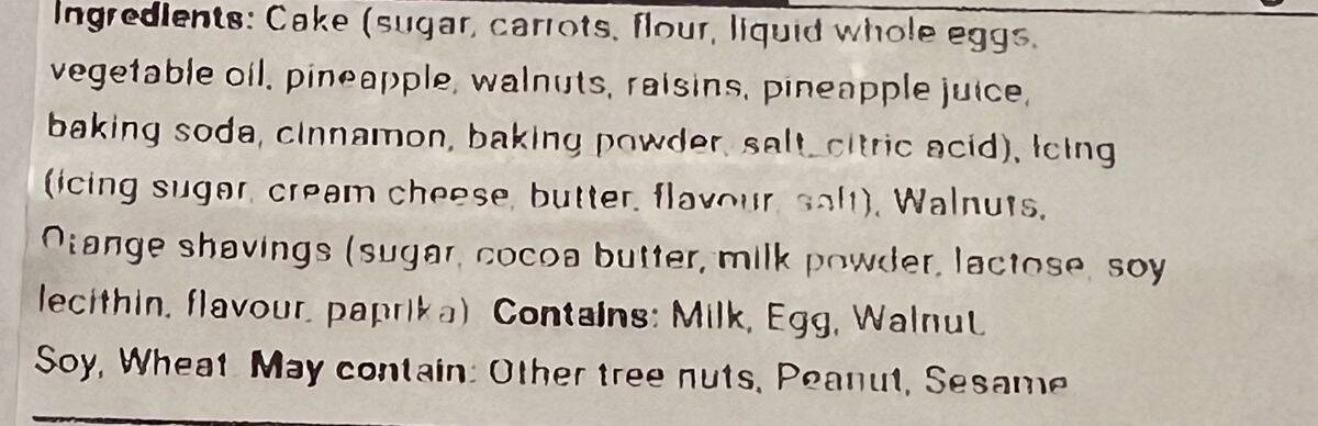 Image of the ingredients for the carrot cake from the front label.