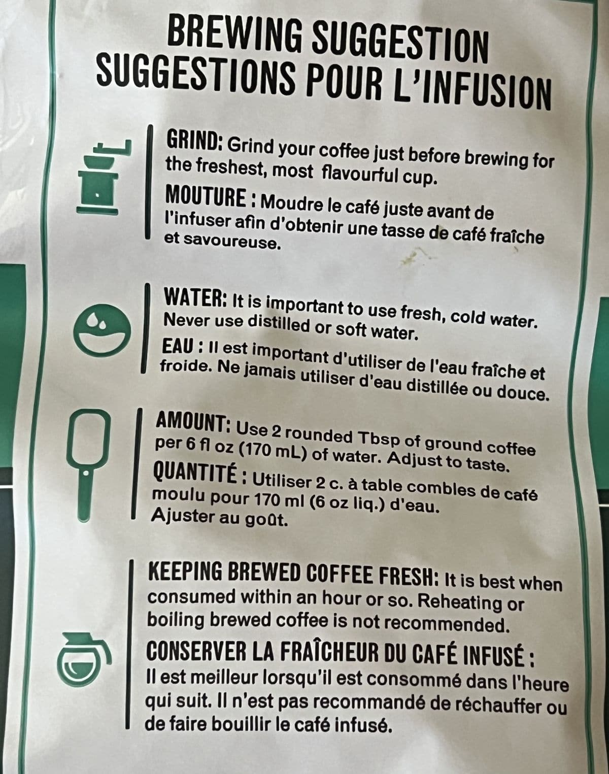 Image of the brewing instructions for the coffee from the back of the bag. 