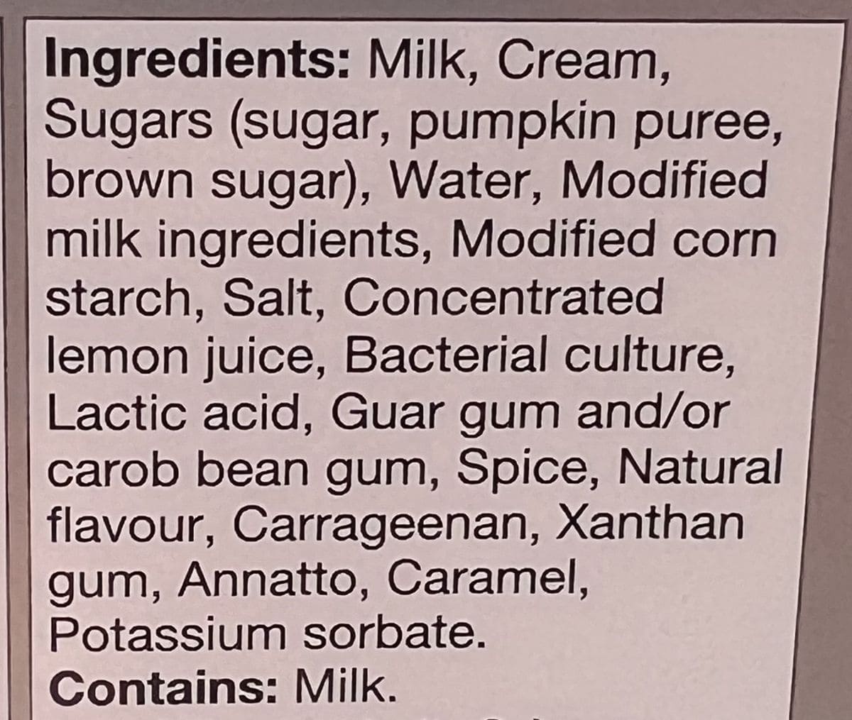 Image of the ingredients for the cream cheese from the back of the package. 