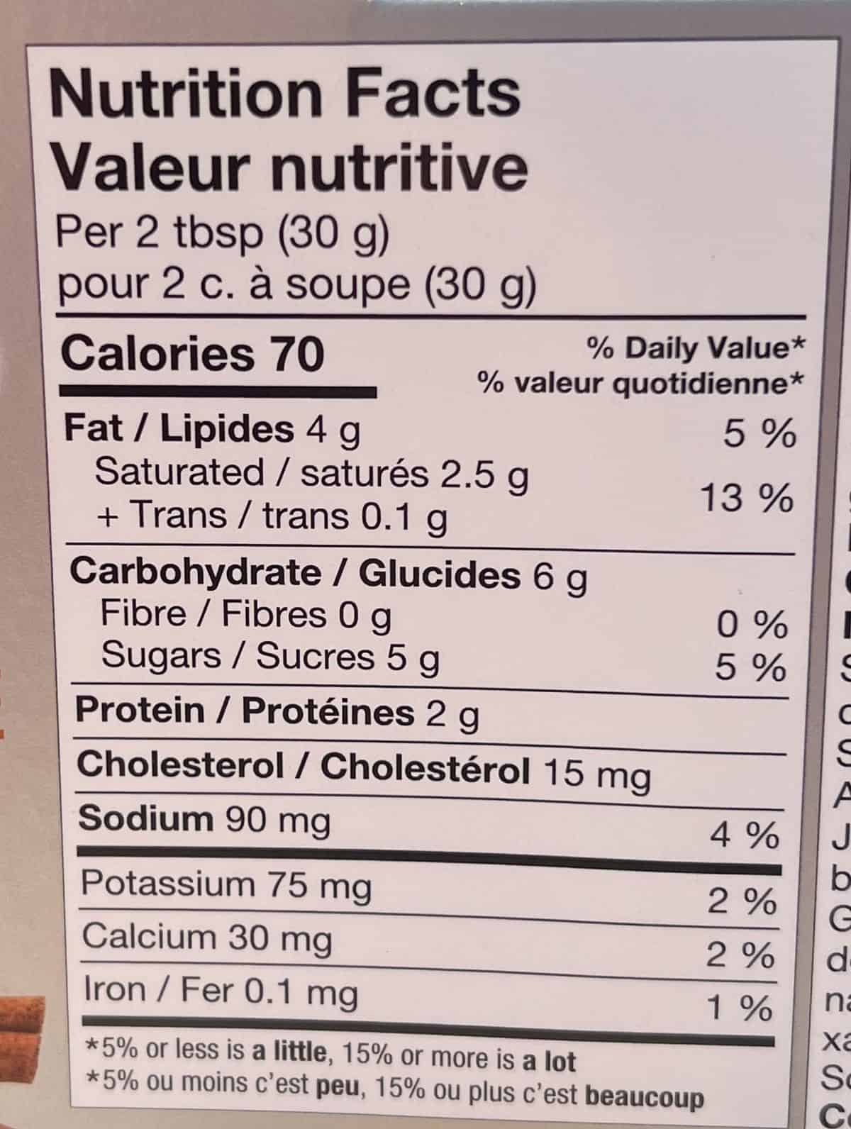 Image of the nutrition facts for the cream cheese from the back of the package.