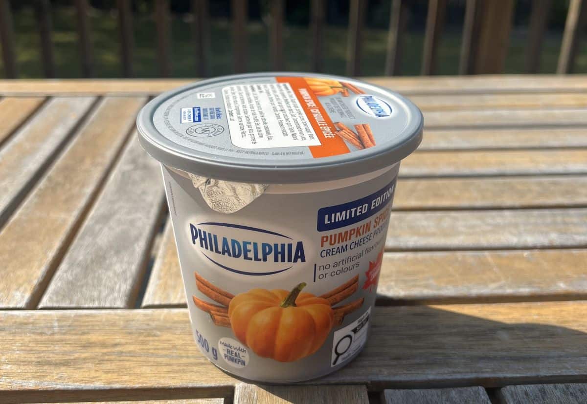 Image of one single container of pumpkin spice cream cheese sitting on a table outside unopened.