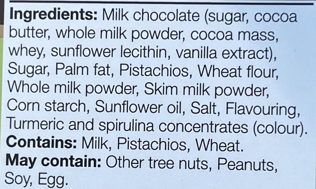 Image of the ingredients list for the chocolates from the back of the box. 