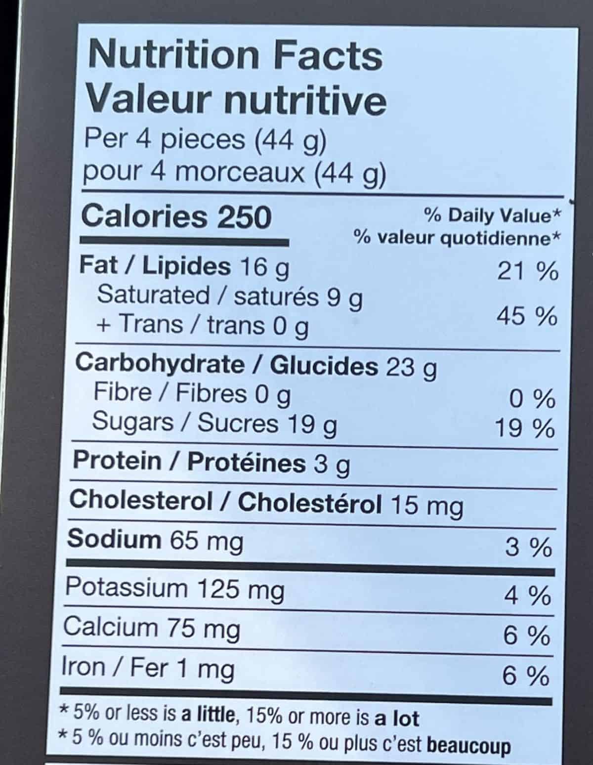 Image of the nutrition facts for the chocolates from the back of the box.