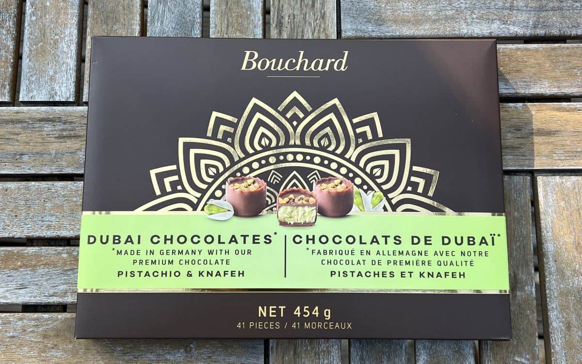 Image of the Costco Bouchard Dubai Chocolates sitting on a table unopened.
