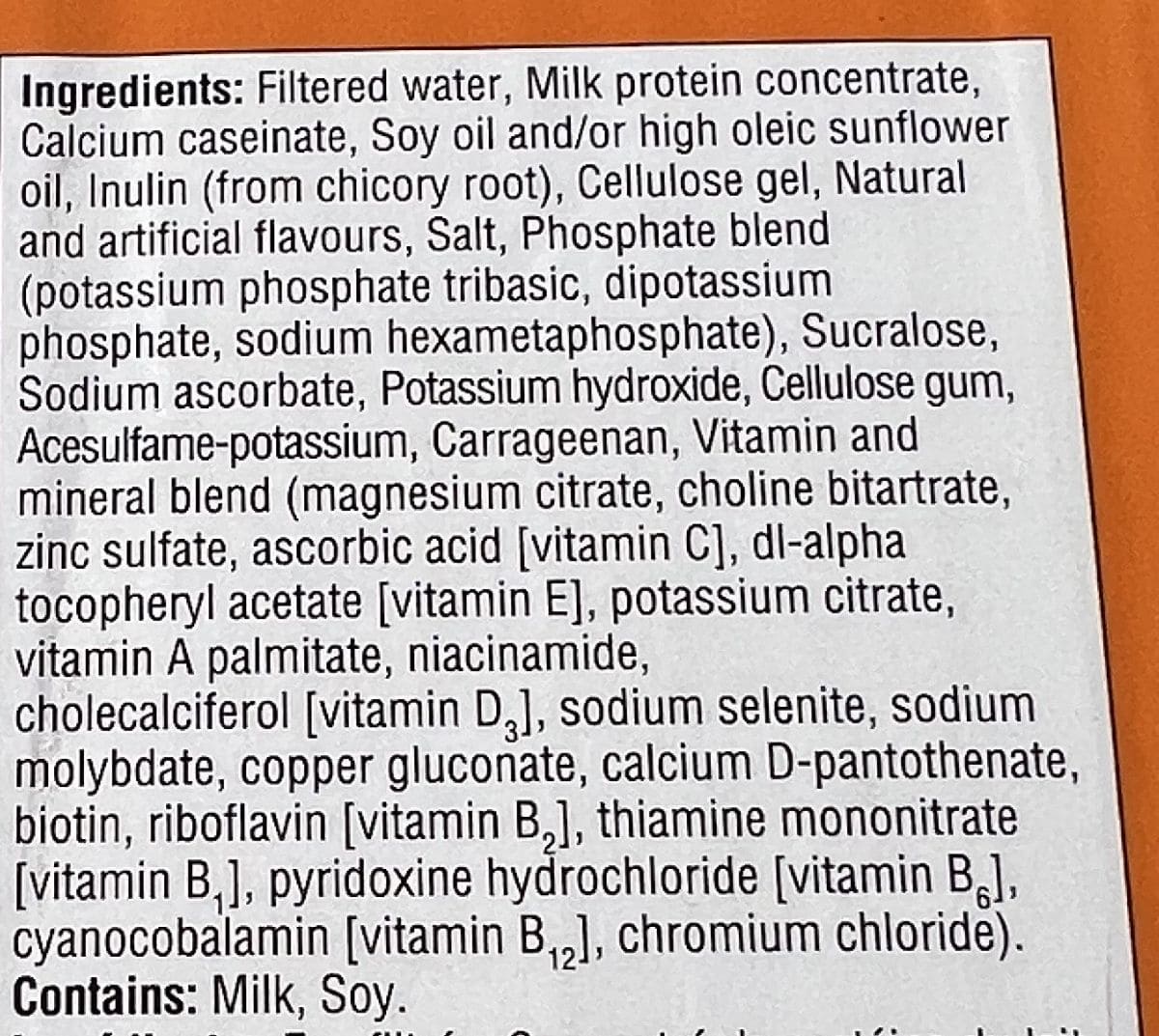 Image of the ingredients for the Premier Protein Pumpkin Spice Protein Shake ingredients from the back of the box.