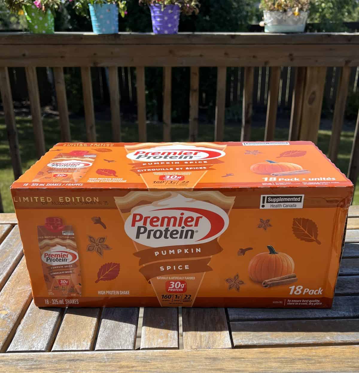 Image of the Costco Premier Protein Pumpkin Spice Protein Shakes box sitting on a table unopened.