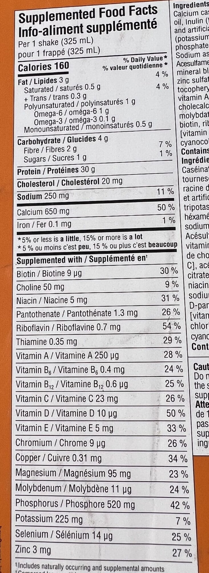 Image of the nutrition facts for the Premier Protein Pumpkin Spice Protein Shake from the back of the box.