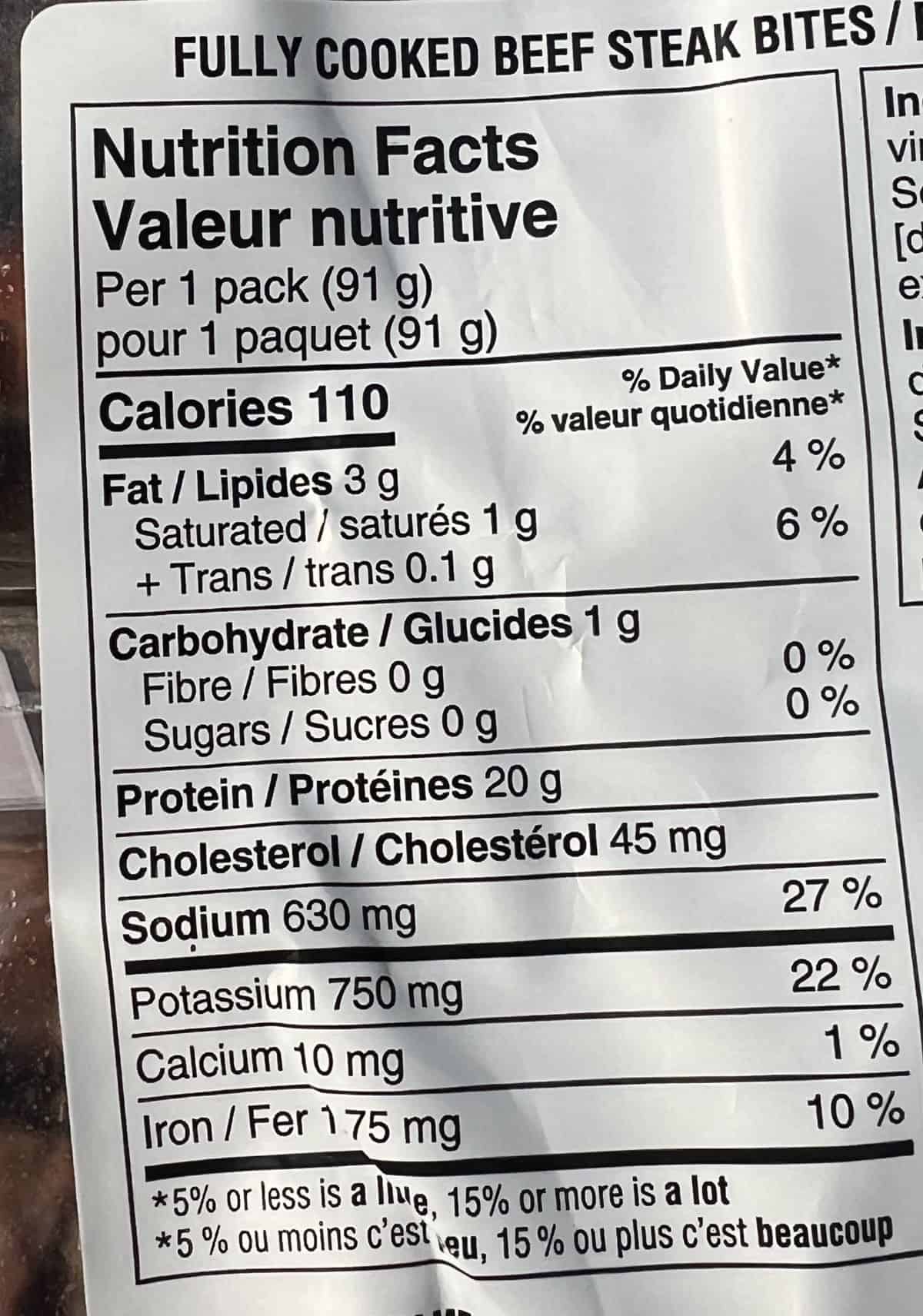 Image of the back of the steak bites package showing the nutrition facts.
