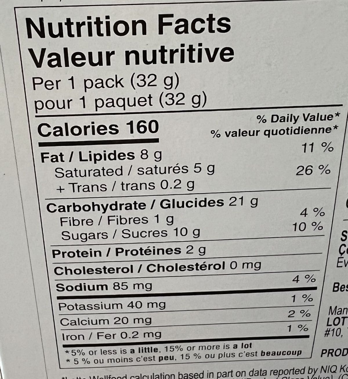 Image of the nutrition facts for the Pepero from the back of the box.