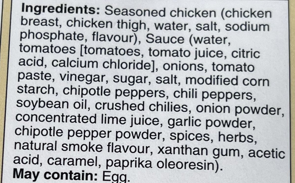 Image of the ingredients list for the chicken tinga from the back of the box.