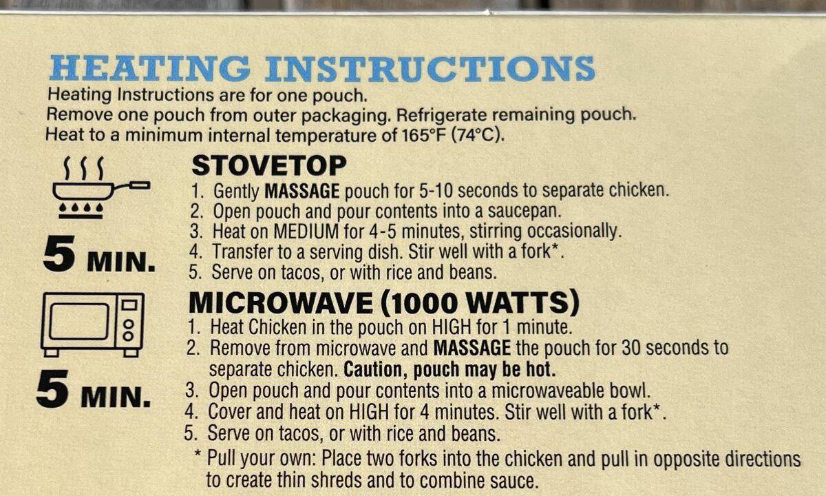 Image of the cooking instructions for the chicken tinga from the back of the box.