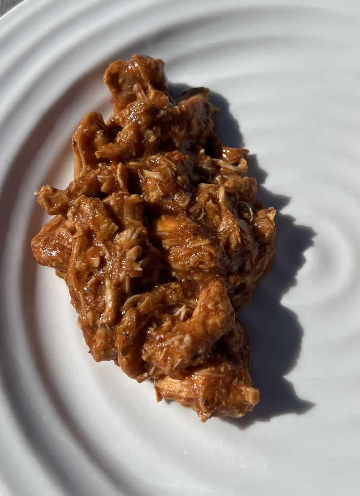 Closeup top down image of chicken tinga served on a white plate beside. 