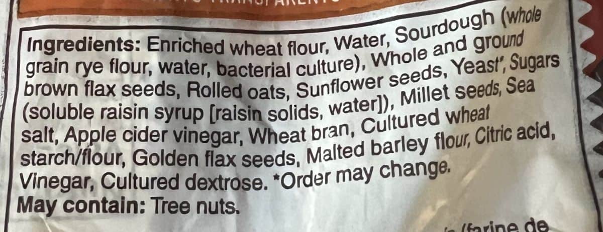 Image of the ingredients for the bread from the back of the bag.