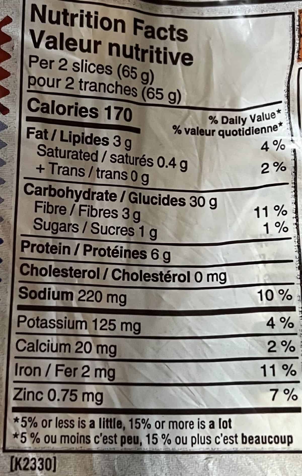 Image of the nutrition facts for the bread from the back of the bag. 