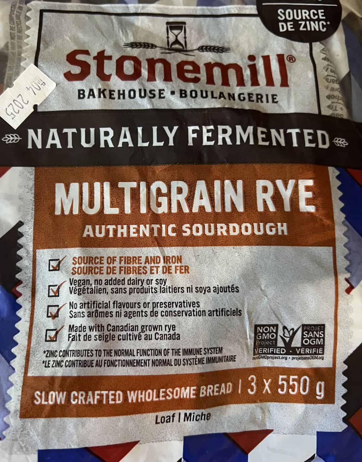 Closeup image of the product description on the bread from the front of the bag.