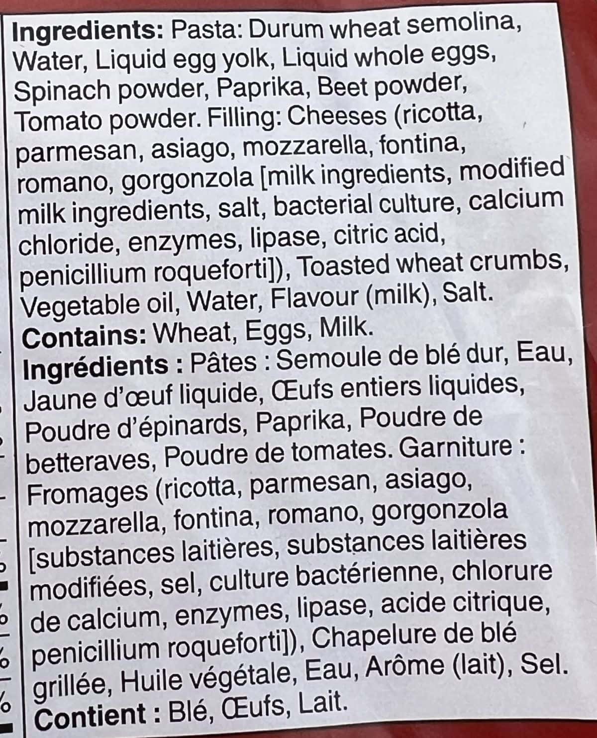 Image of the ingredients for the tortellini from the back of the package.