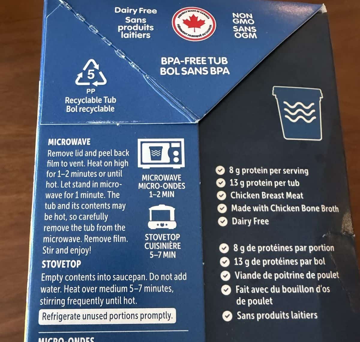 Image of the back of the chicken noodle box showing it's Non GMO, dairy-free and has eight grams of protein per serving.