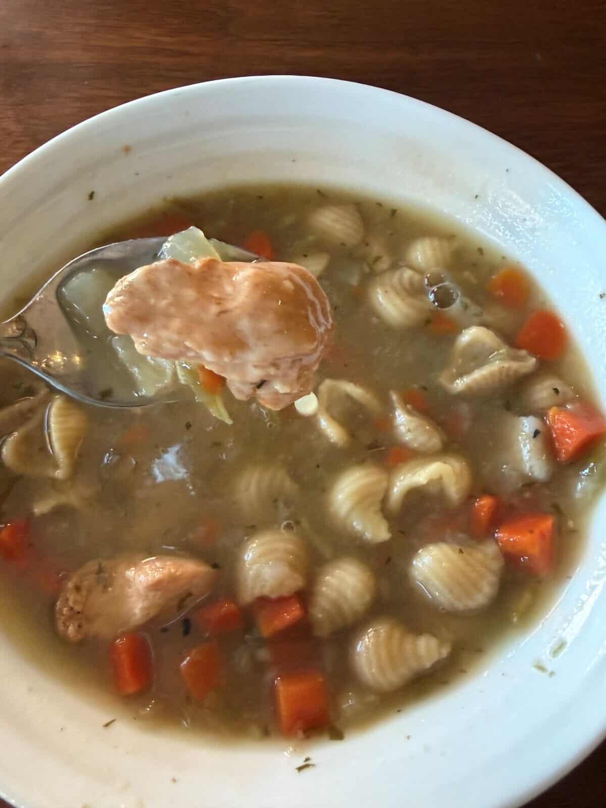 Image of a spoon hovering over a bowl of chicken noodle soup, on the spoon is a piece of chicken.