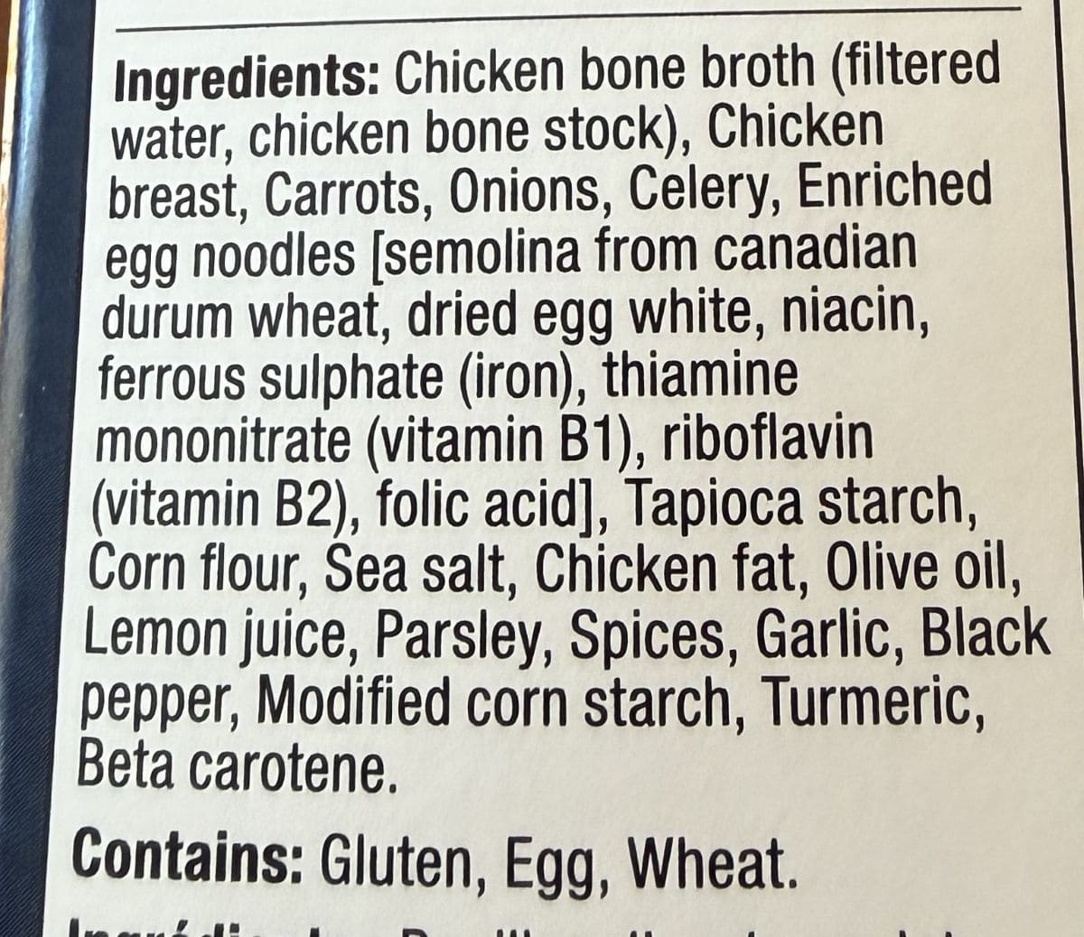 Image of the ingredients list for the chicken noodle soup.