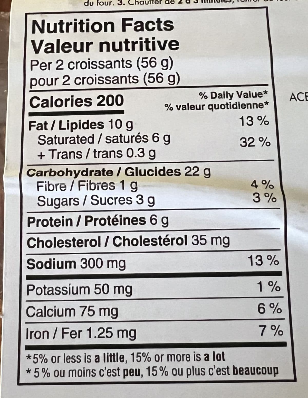 Image of the nutrition facts for the croissants from the box. 