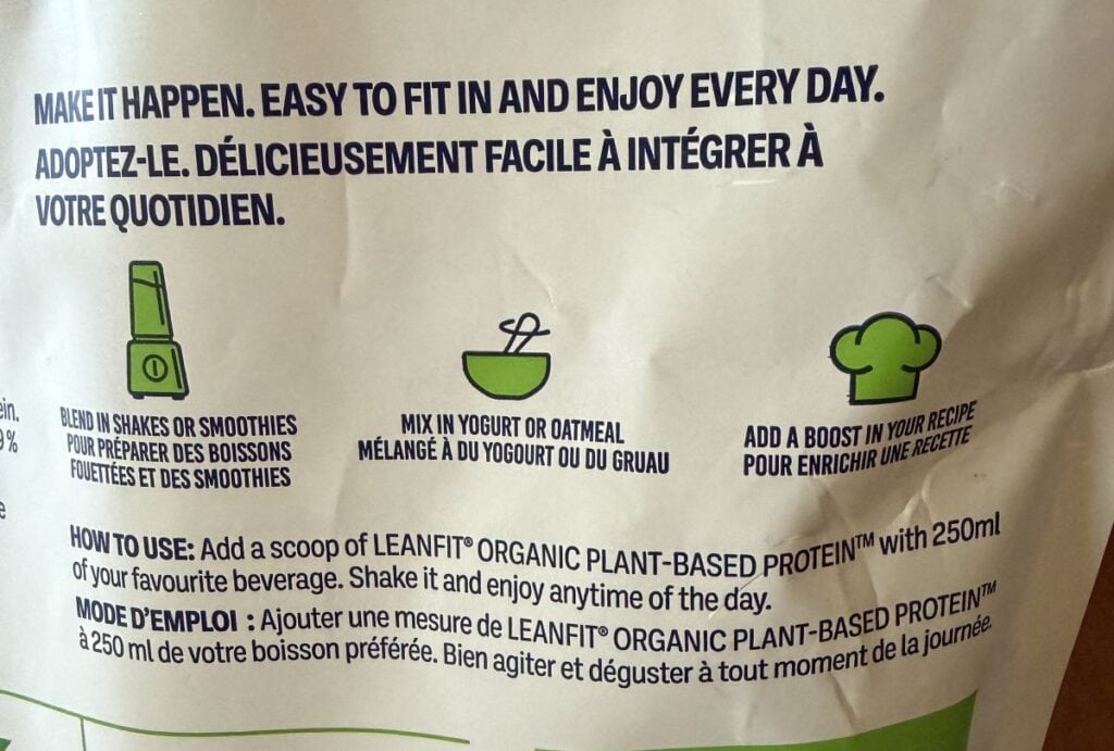 Image of ways to use the protein powder from the back of the bag.
