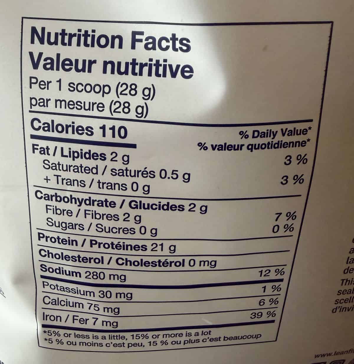 Image of the nutrition facts for the protein powder from the back of the bag.